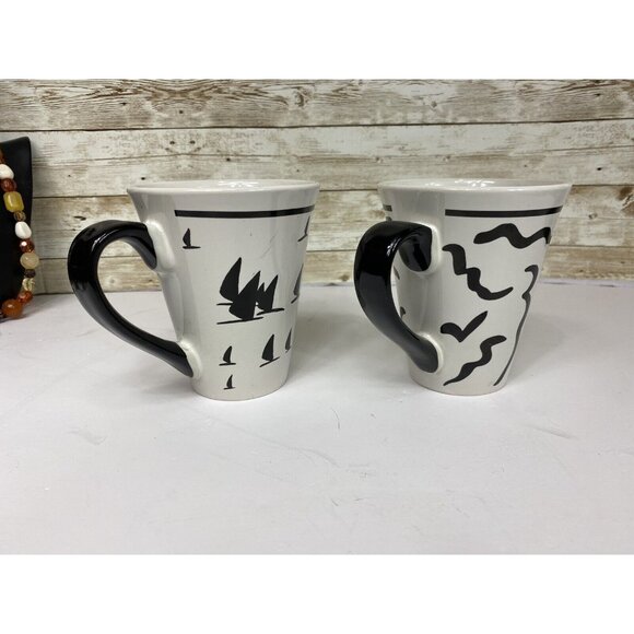 Pair Croix Du Sud Large Ceramic Mugs Coffee Cup B&W Sailboats Abstract Lot 2 - Picture 5 of 11